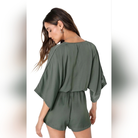 Lulus Ain't It Grand Olive Green Satin Surplice Romper size Medium - Picture 11 of 15